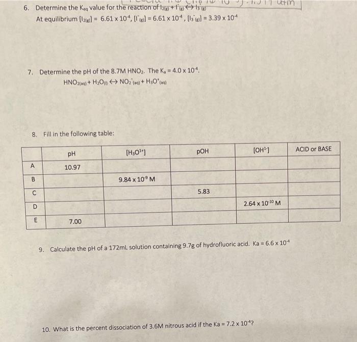Solved 6. Determine the Keq value for the reaction of | Chegg.com