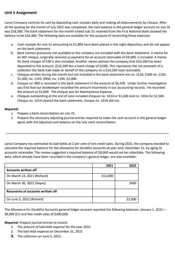 Solved Unit 5 Assignment Lance Company controls its cash by | Chegg.com