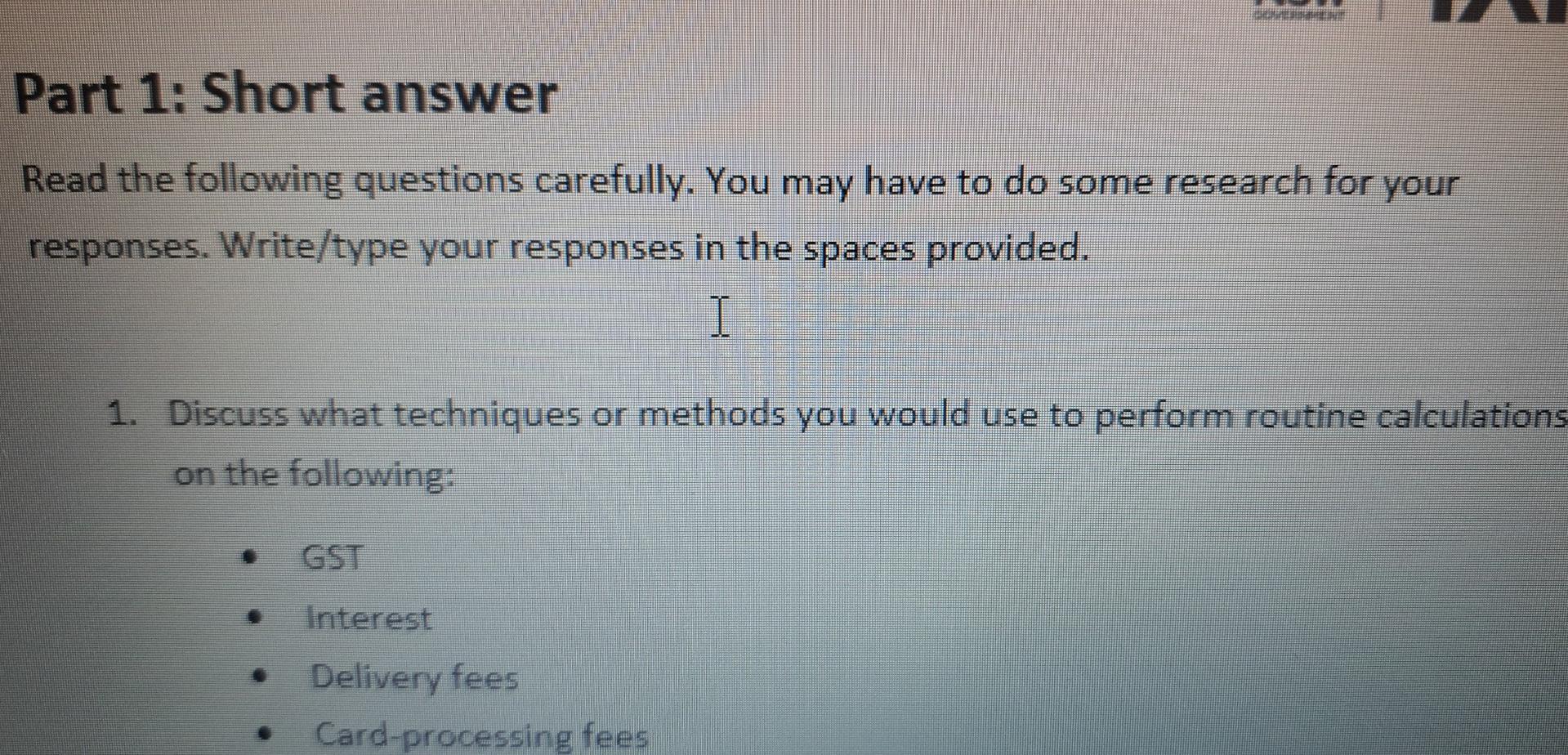 Solved Part 1: Short answer Read the following questions | Chegg.com