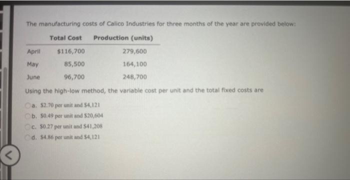 Solved The manufacturing costs of Calico Industries for | Chegg.com