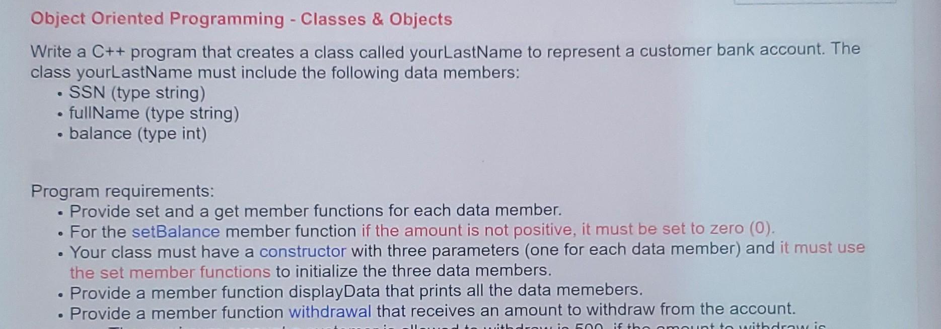Solved a Object Oriented Programming - Classes & Objects | Chegg.com