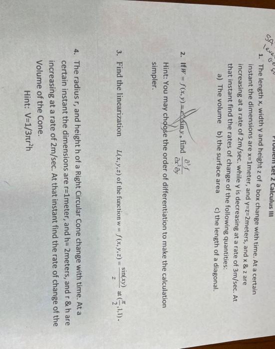Solved SA leve Calculus III 1. The length x, width y and | Chegg.com