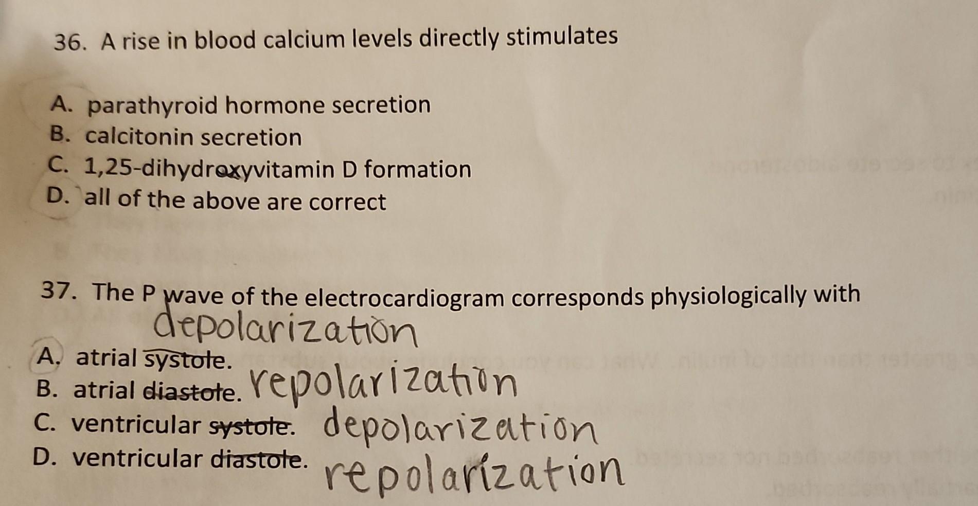 Solved 36. A rise in blood calcium levels directly | Chegg.com