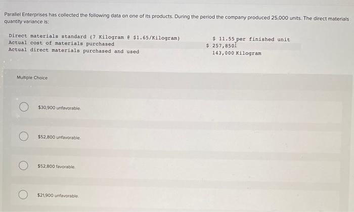 Solved Parallel Enterprises has collected the following data | Chegg.com