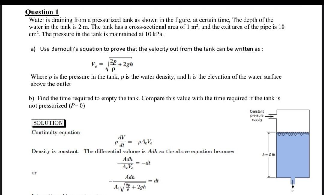 Solved Question 1 Water is draining from a pressurized tank | Chegg.com