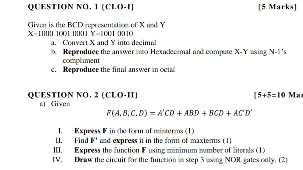 Solved Question No 1 Clo I 5 Marks Given Is The d Chegg Com