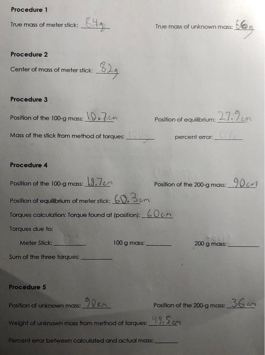 Solved Procedure 1 True mass of meter stick True mass of