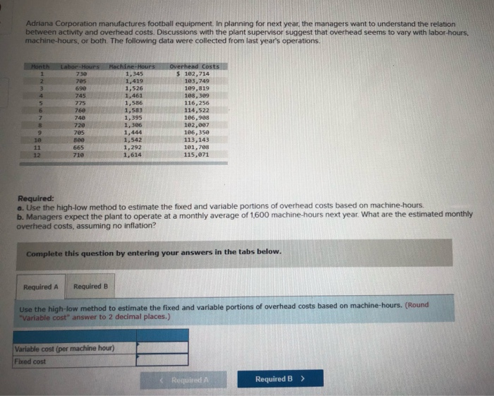 Solved Adriana Corporation manufactures football equipment.