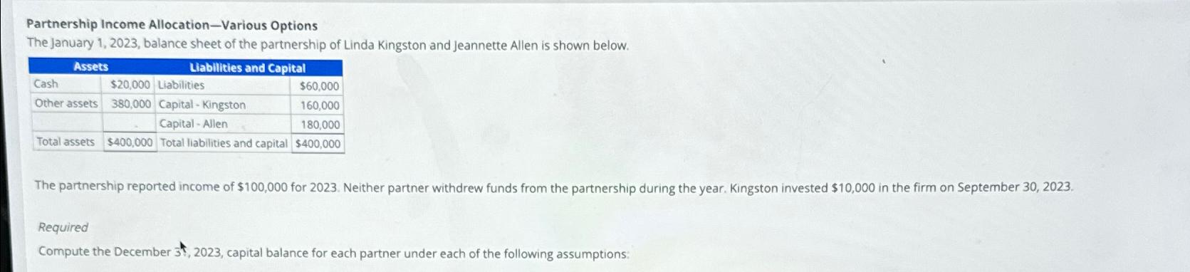 Solved Partnership Income Allocation-Various OptionsThe | Chegg.com