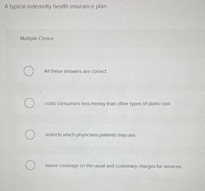 Solved A Typical Indemnity Health Insurance Plan Multiple | Chegg.com