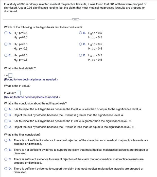 Solved In a study of 803 randomly selected medical