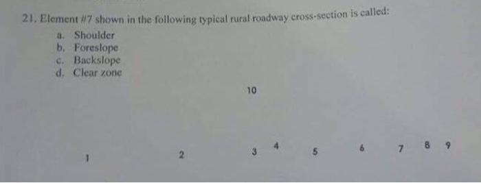 21. Element 177 shown in the following typical rufal roadway cross-section is called:
a. Shoulder
b. Foreslope
c. Backslope
d