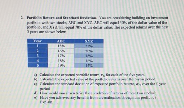 Solved 2. Portfolio Return and Standard Deviation. You are | Chegg.com