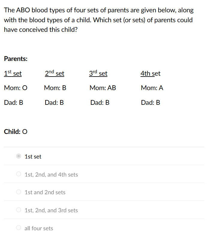 Solved The ABO blood types of four sets of parents are given | Chegg.com