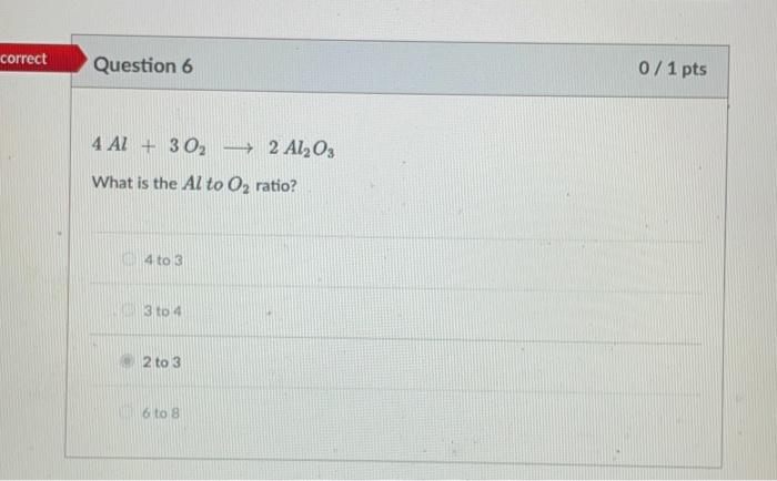 Solved Incorrect Question 8 0/1 pts 4 Al + 30, - 2 Al2O3 If | Chegg.com