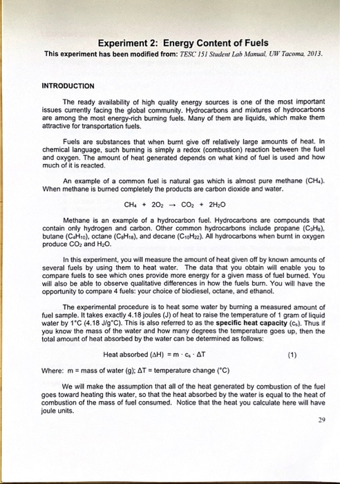 Experiment 2: Energy Content Of Fuels This Experiment | Chegg.com