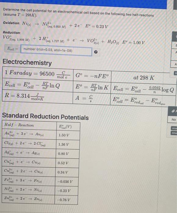 Solved Determine The Cell Potential For An Electrochemical 8394