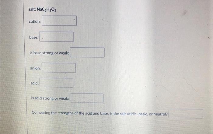 Solved salt: NaC2H3O2 cation: base: is base strong or weak: | Chegg.com