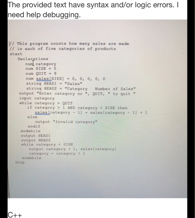 Solved The Provided Text Have Syntax And/or Logic Errors. I | Chegg.com