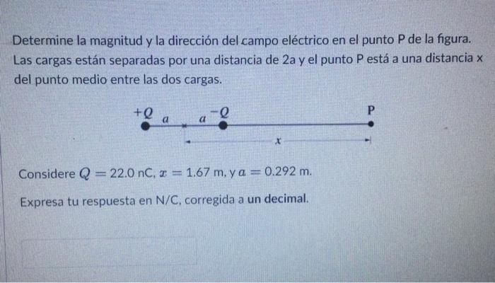 Determine la magnitud y la dirección del campo eléctrico en el punto \( P \) de la figura. Las cargas están separadas por una