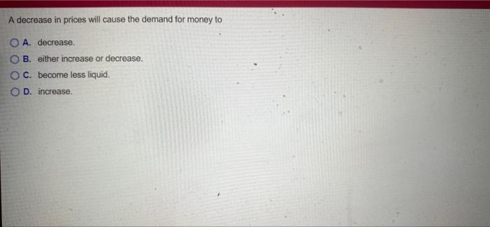 Solved A decrease in prices will cause the demand for money | Chegg.com