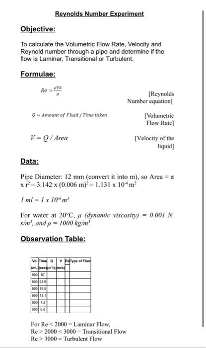 objective of reynolds number experiment