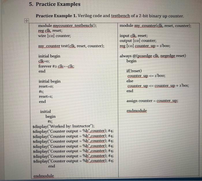 Solved 5. Practice Examples Practice Example 1. Verilog Code | Chegg.com