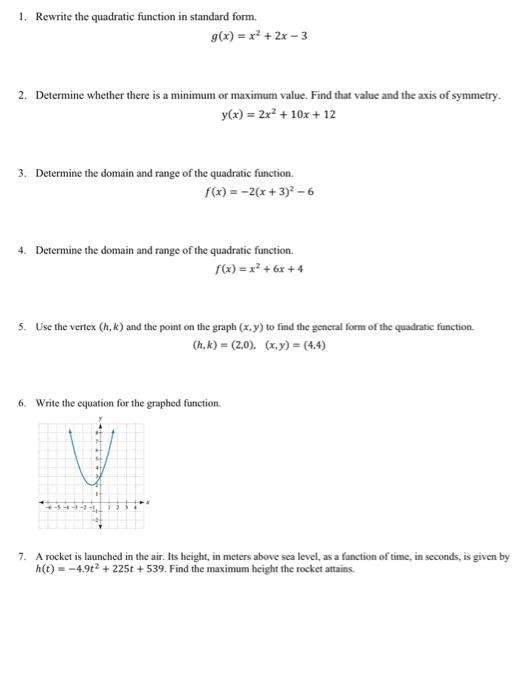 Solved 1. Rewrite the quadratic function in standard form. | Chegg.com