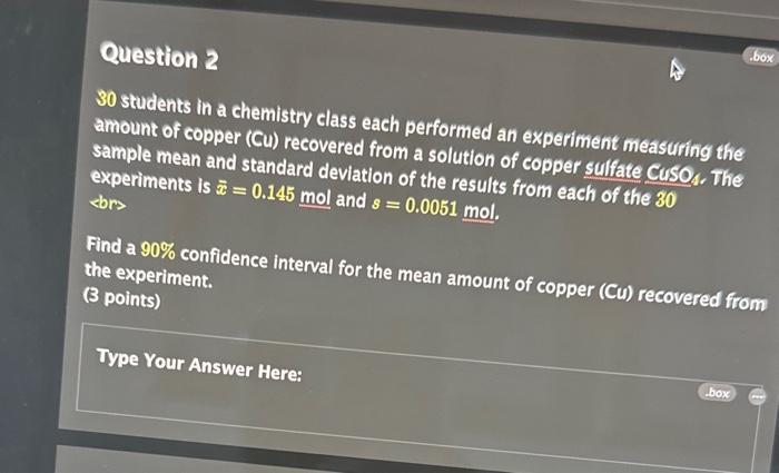 a chemistry experiment calls for a 30