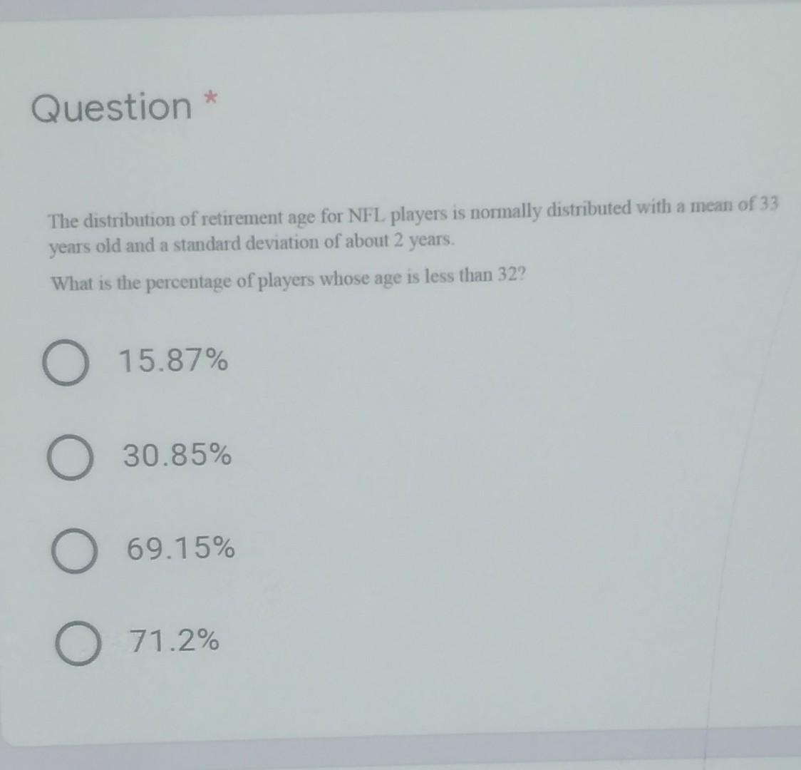 Solved Question * The distribution of retirement age for NFL | Chegg.com