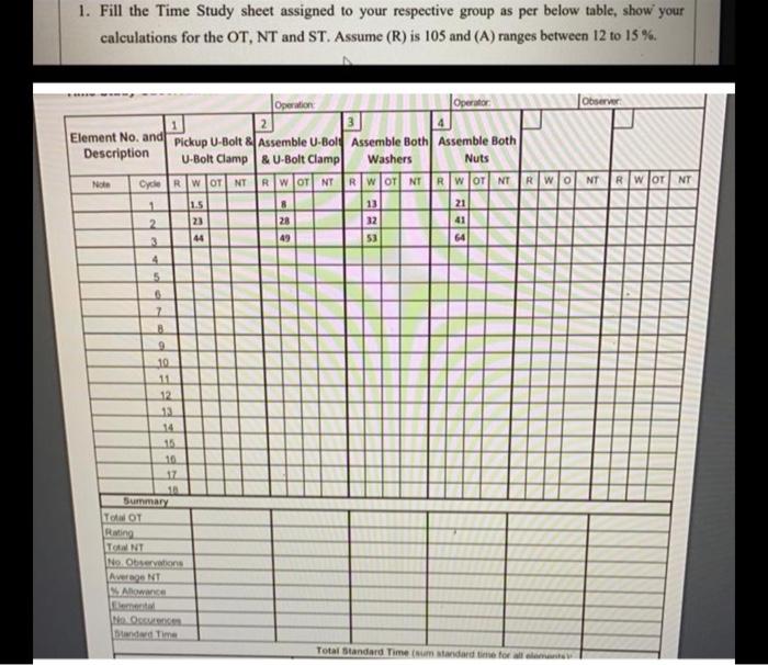 Solved 1. Fill the Time Study sheet assigned to your | Chegg.com