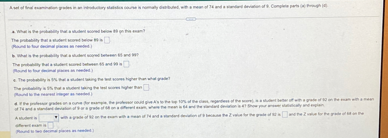 Solved A set of final examination grades in an introductory | Chegg.com