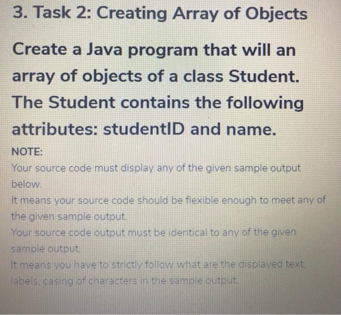 Solved 3. Task 2: Creating Array of Objects Create a Java | Chegg.com