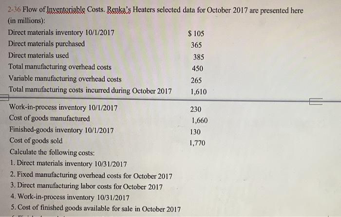 2 36 Flow Of Inventoriable Costs Renka S Heaters Chegg Com