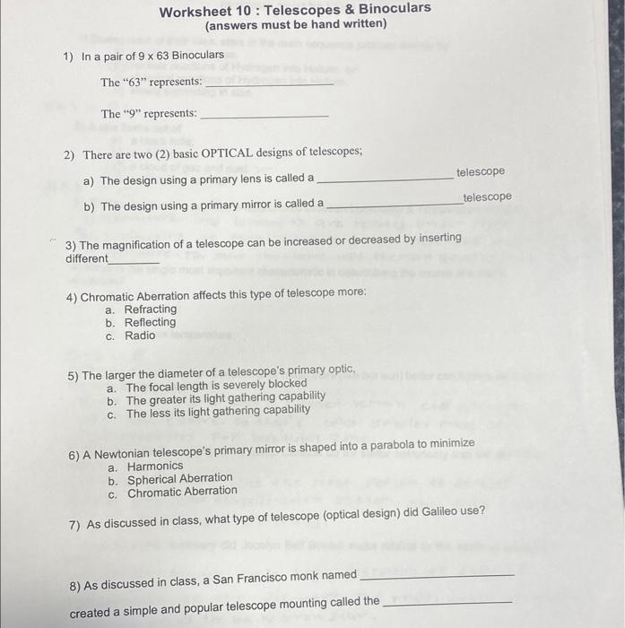 Solved Worksheet 10 Telescopes \& Binoculars (answers must