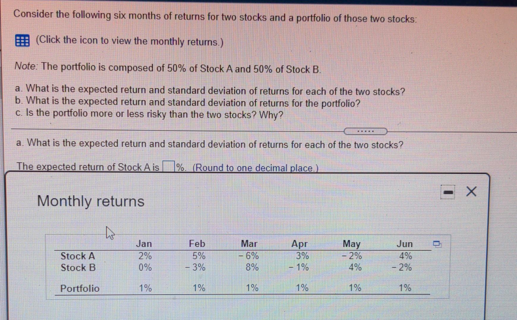 Solved Consider The Following Six Months Of Returns For Two | Chegg.com