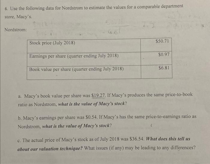 Solved 6. Use the following data for Nordstrom to estimate