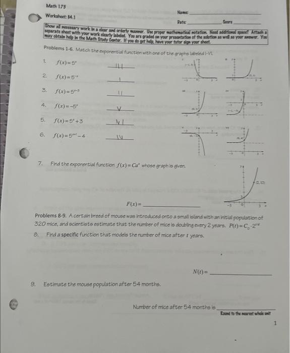 Solved Math 175 Name: Worksheet: $4.1 Score Pate Show all | Chegg.com