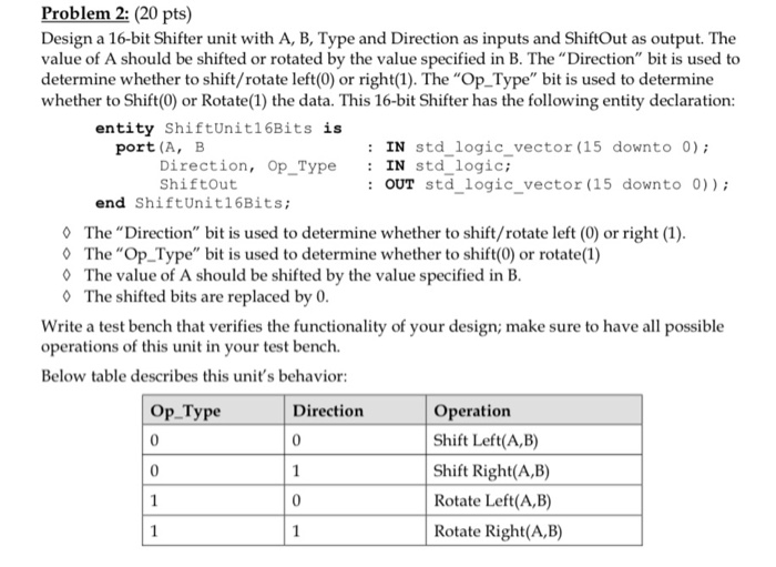 Solved Problem 2: (20 pts) Design a 16-bit Shifter unit with | Chegg.com