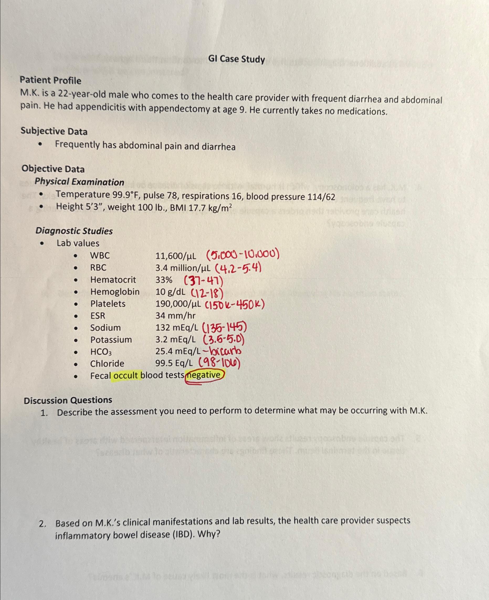 Solved GI Case StudyPatient ProfileM.K. ﻿is a 22-year-old | Chegg.com