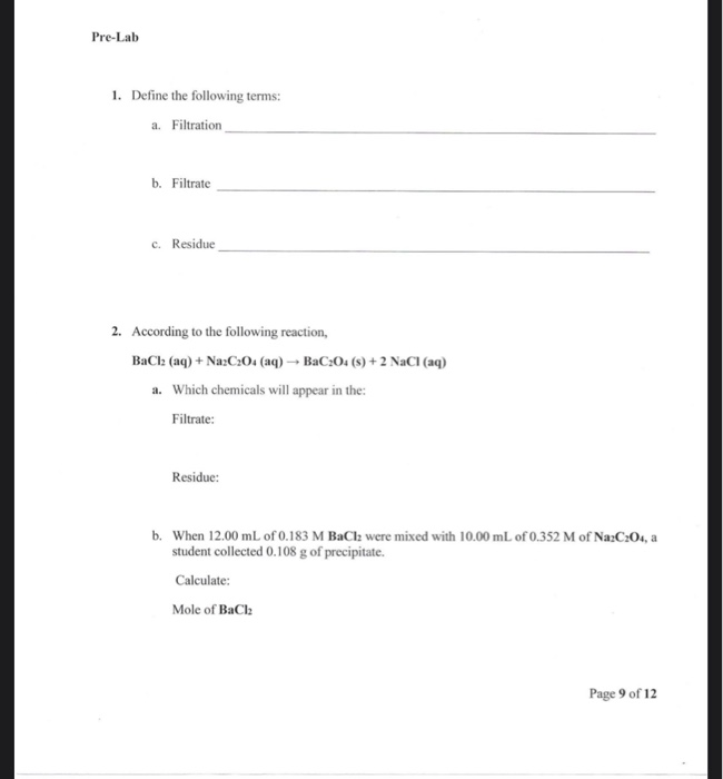 Solved PreLab 1. Define the following terms a. Filtration