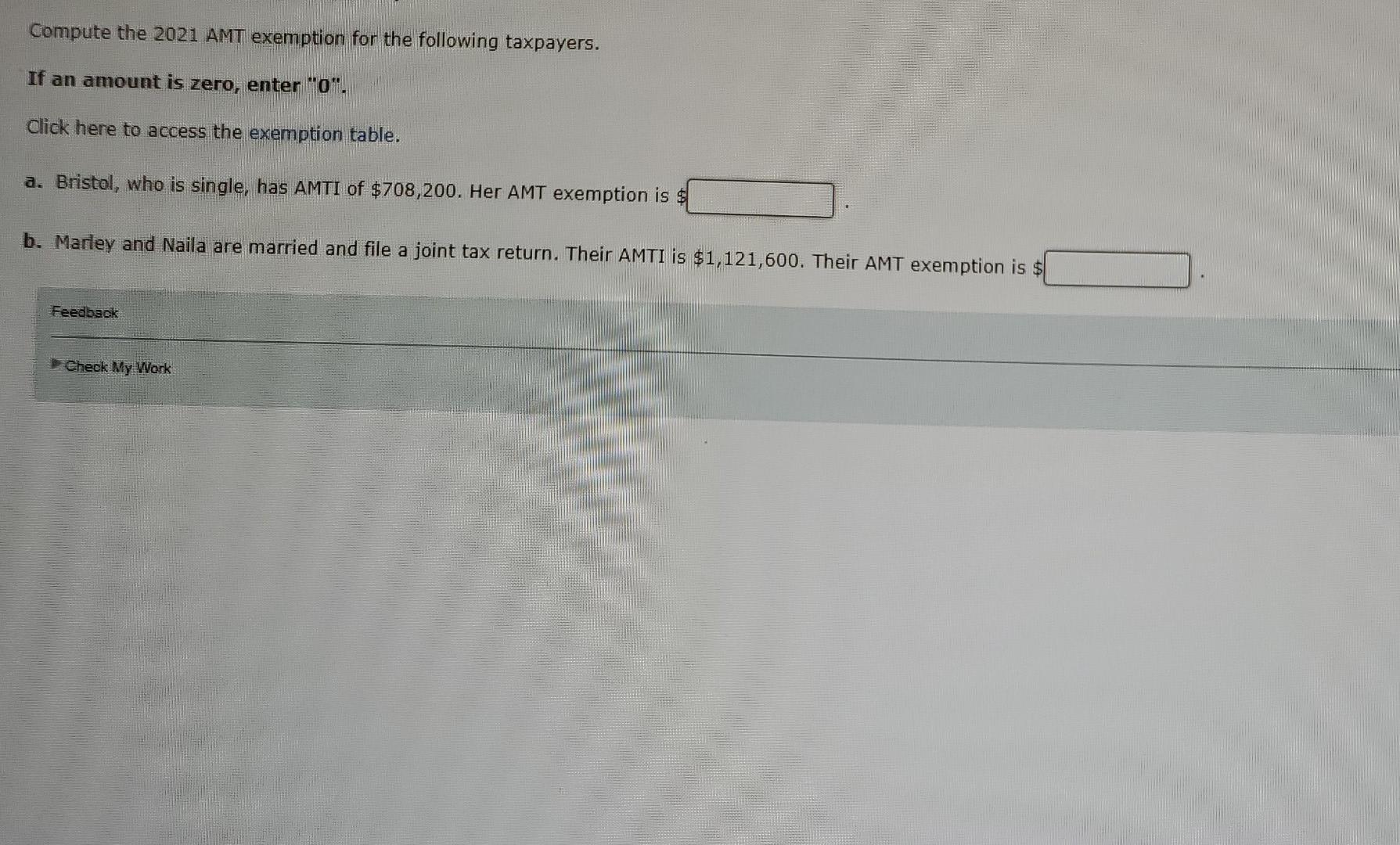 Solved Compute the 2021 AMT exemption for the following | Chegg.com