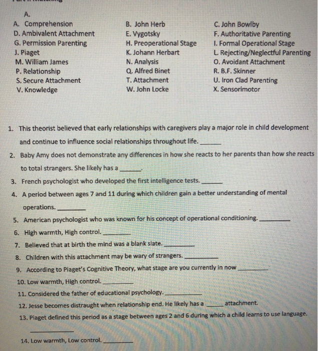 Solved A. A. Comprehension D. Ambivalent Attachment G. Chegg