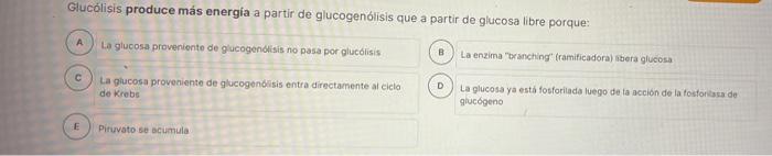 Glucólisis produce más energía a partir de glucogenólisis que a partir de glucosa libre porque: La glucosa proveniente de glu