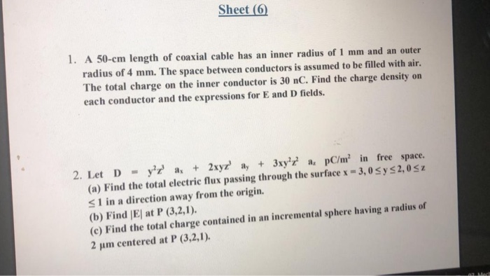 Solved Sheet (6) 1. A 50-cm length of coaxial cable has an | Chegg.com