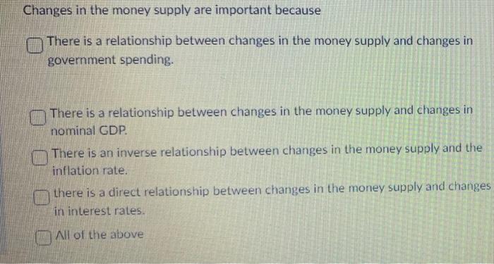 Solved Changes in the money supply are important because | Chegg.com