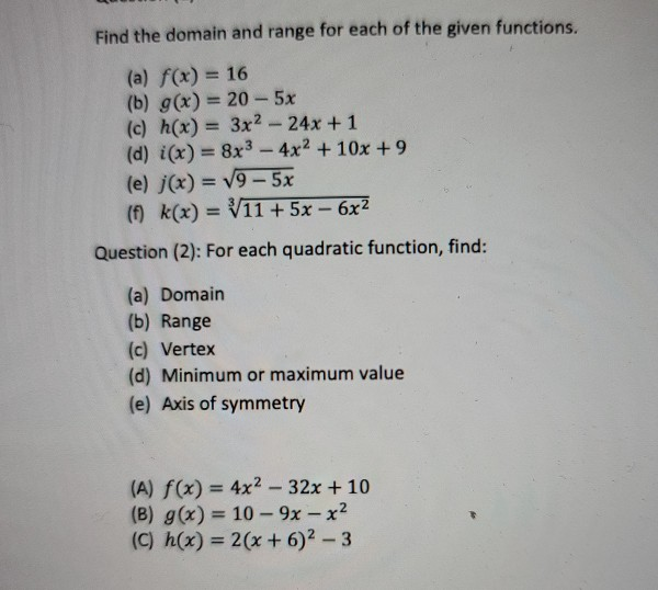 Solved Find the domain and range for each of the given | Chegg.com