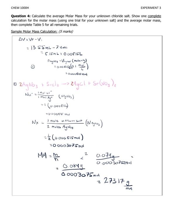 CHEM 1000H EXPERIMENT 3 Question 4: Calculate the | Chegg.com