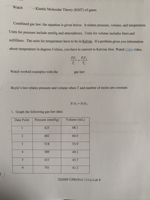 Solved Lab 8 Gas Laws Prelab 1. As pressure increases, what