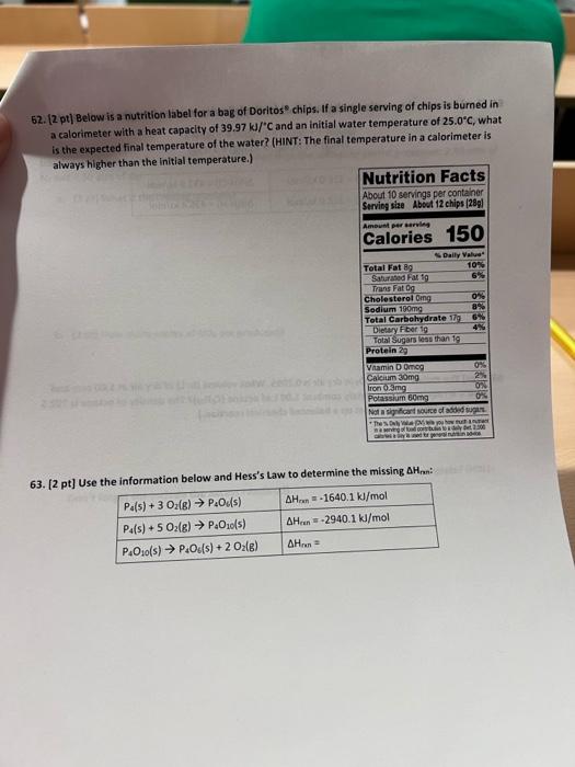 Solved 62. Below is a nutrition label for a bag of Doritos® | Chegg.com